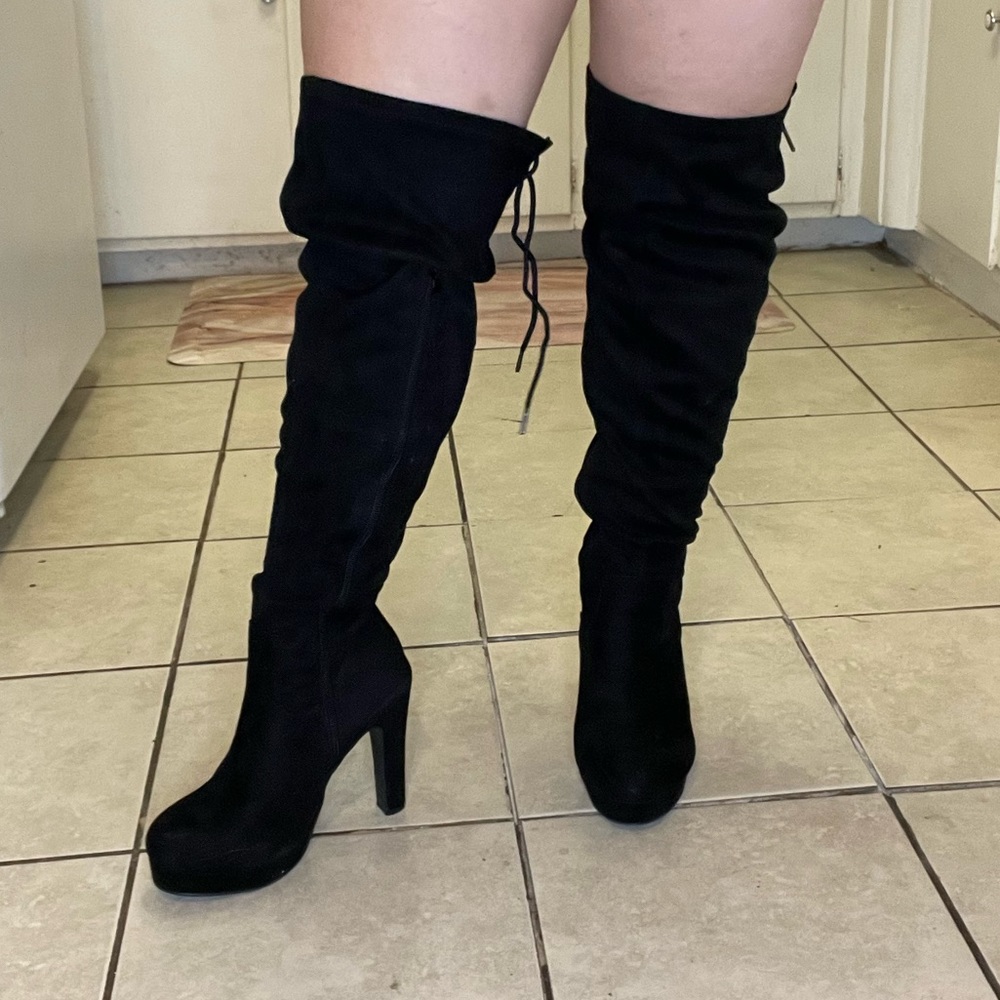 Wide Calf Over The Knee Thigh High Suede Heeled Boot